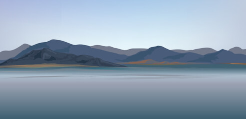 Mountain and hills landscape. Rural skyline. Lake Lagoon resort coast view background