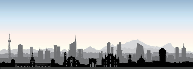 Obraz na płótnie Canvas Milan city skyline. Italy, famous architectural tourist landmarks. Travel background with historic buildings. European urban italian landscape.
