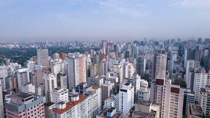 Aerial view of São Paulo, in the neighborhood of Jardins. Many residential buildings and a building under construction