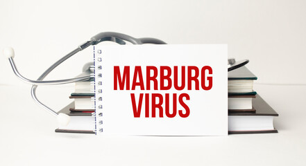 Marburg virus symbol. White note with words Marburg virus,