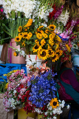 Fototapeta na wymiar Sale of various colourful flowers in the market of San Pedro, Cusco, Peru. 