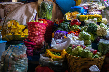 Sale of various vegetables in the market of San Pedro, Cusco, Peru. 