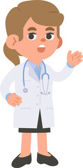 A woman doctor saying in gown outfit  illustration vector cartoon character design on white background. Medical concept.