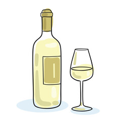 Bottle of white wine and wine glass. Picture in line style. Black contour with colored spots. Isolated on white background.  Vector flat illustration.