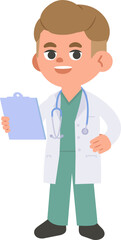 A man doctor in scrubs and gown outfit illustration vector cartoon character design on white background. Medical concept.