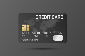 Vector 3d Realistic Black Credit Card with World Map Isolated. Design Template of Plastic Credit or Debit Card for Mockup, Branding. Credit Card Payment Concept. Front View