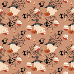 Halloween flat seamless pattern, sweet orange color background, white ghost sheet with black witch hat, black cat, spider web, star,  haft moon, pumpkin pot, Halloween candle and cupcakes. 