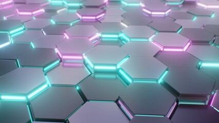 Abstract Sci-Fi Neon Glow Hexagon Cell Matrix Moves and Lights Flash - Abstract Background Texture