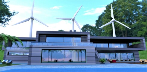 Autonomous power supply of a private suburban estate is possible thanks to the three average low -collection wind generators located in the backyard not far from the house. 3D Render.