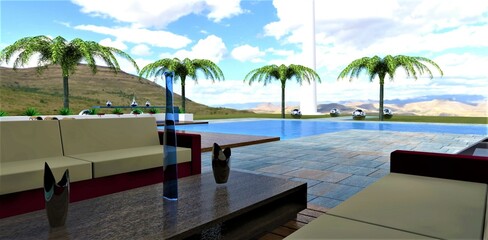 The view of a person sitting on a sofa at a table at a wonderful mountain landscape, palm trees and a relaxation area in front of the pool of a cozy estate. 3d render.