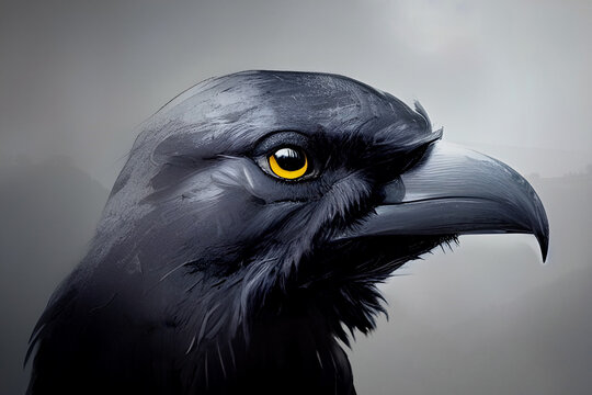 Portrait of a black crow in profile against a misty twilight mountain landscape, digital illustration