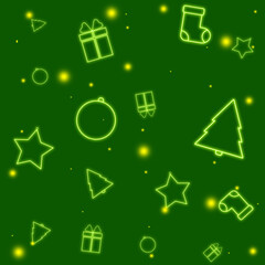 Neon Christmas icons on a green background. Repeating pattern for print, wrapping paper, postcard for the holiday.