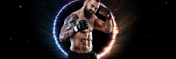 Boxer boxing on black background with neon lights. Sports website header template. Copy space for...
