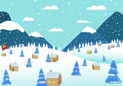 Animation of a winter landscape with mountains and houses.