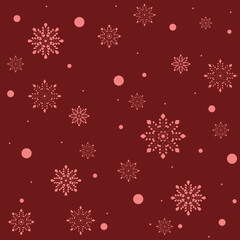 Christmas pattern with red snowflakes on a dark red background. Postcard for the holiday with space for copy. Print, wrapping paper, postcard, background. High quality illustration
