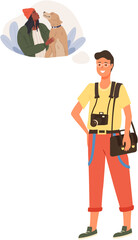 Man with camera thinking about photo shoot. Photographer dreams about shooting woman with dog. Love for animals, spending time with pets, hobby concept. Guy with thought of female pet owner