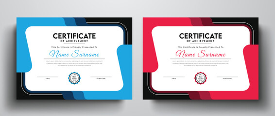 Clean and simple certificate of achievement template with blue and red color variation - obrazy, fototapety, plakaty