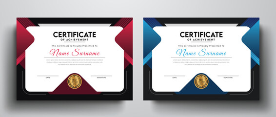 Blue and red color variation modern certificate template with golden color best award badge