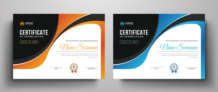 Clean and simple certificate template for multipurpose I Blue yellow color variation certificate design layout	