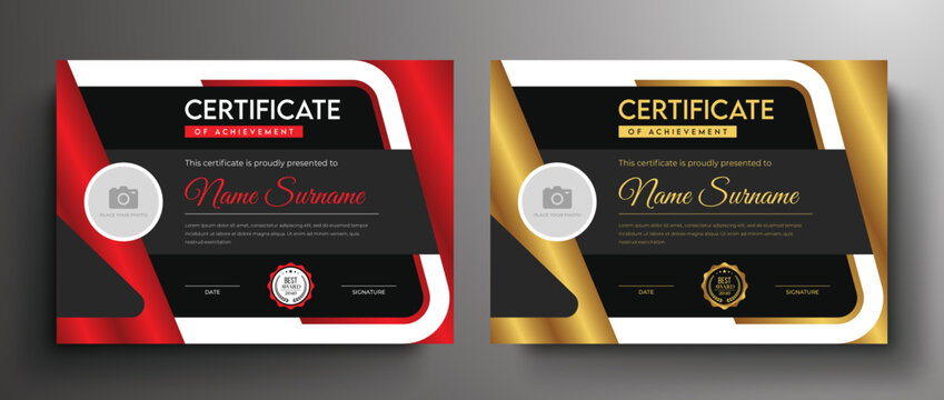 Golden dark black certificate template with photo place holder I red color modern certificate design with award badge