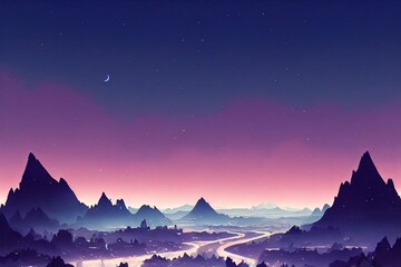 Fototapeta na wymiar Night sky over mountain landscape digital artwork illustration. Colorful painting of surreal moon and stars. Wallpaper, background paint. Nature nightscape.