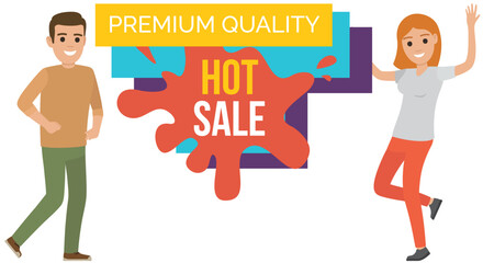 Sale banner with man and woman dancing near advertising poster. Shopping time promotional style. People rejoice in discounts and big sale in store. Positive characters with emotion of happiness, joy