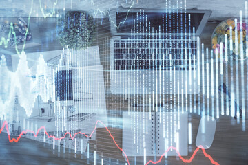 Multi exposure of financial chart drawing over table background with computer. Concept of research. Top view.