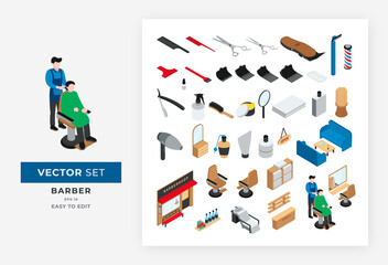 Isometric barber shop elements set with scissors comb razor towel brush and isolated interior furniture. suitable for a barber shop and salon company. easy to edit eps 10.