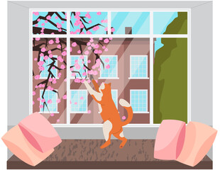 View from window. Red cat peeking through window city landscape with building and blooming tree. Cute pet meets his owners at home, domestic animal playful kitten sitting alone at home looking outside