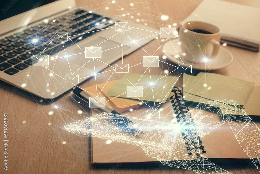 Poster double exposure of envelope drawing and desktop with coffee and items on table background. concept o