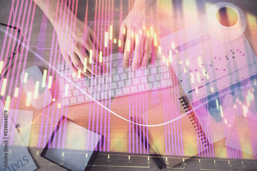 Poster multi exposure of man's hands typing over computer keyboard and forex graph hologram drawing. top vi