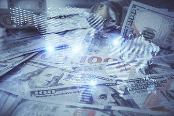 Multi exposure of social network drawing over us dollars bill background. Concept of people connection.