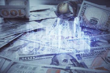 Double exposure of town drawing over usa dollars bill background. smart city concept.