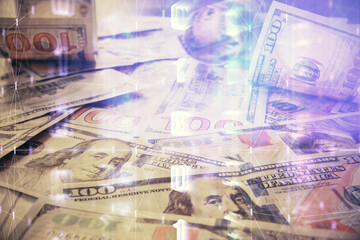 Double exposure of data theme drawing over us dollars bill background. Technology concept.