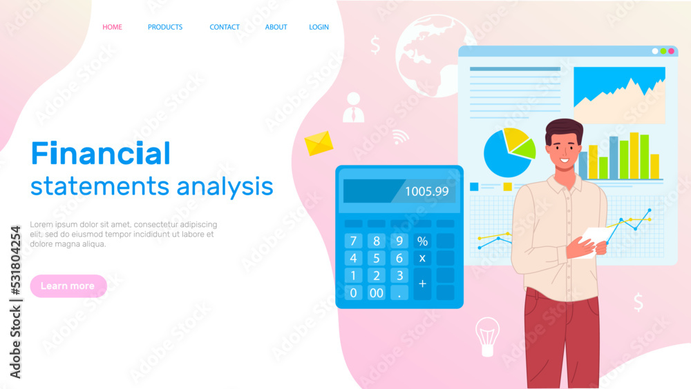 Poster financial statements analysis and profit growth. man with calculator accounting wireless device. web