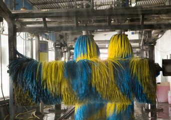 Inside view of equipment of automatic car wash with colored brushes