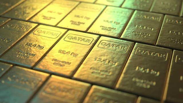 QATAR text on gold bars. Seamless looping 3d animation