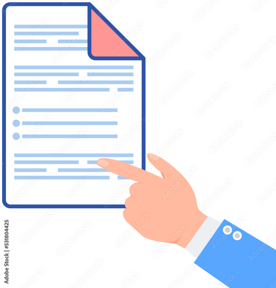 Poster paperwork office employee works with document, highlights important information. get in routine icon