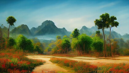 Thailand landscape painting illustration, thailand nature green fields and river art