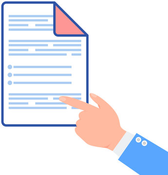 Paperwork Office Employee Works With Document, Highlights Important Information. Get In Routine Icon Line Symbol. Isolated Vector Businessman Hand Pointing With Forefinger To Paper Sheet With Text