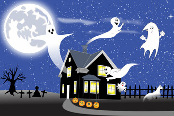halloween night scene with four conventional ghosts and a horse ghost