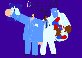 Two cartoon doctors with lung x-ray and a jar of pills. Medical worker of European and African ethnicity. Doctor's day vector illustration in postcard orientation. Violet-blue colors image.