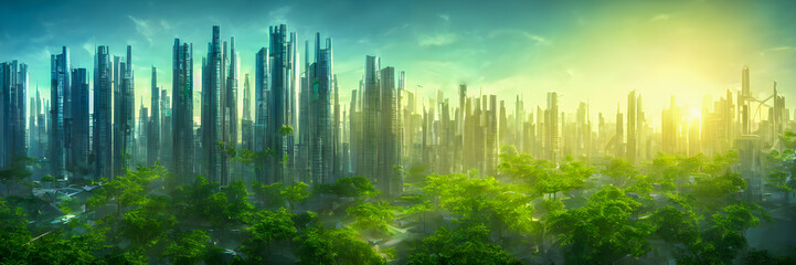 Green city of the future. Eco City of the future. Harmony of city and nature. Sunrise in the big city. Banner size