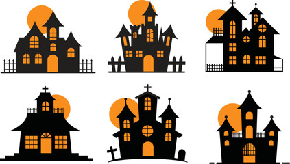 Halloween castle illustration. Spooky vector October tower. Scary dark horror silhouette house collection.  