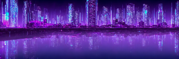 Obraz na płótnie Canvas Futuristic metaverse city concept with glowing neon lights. Banner size