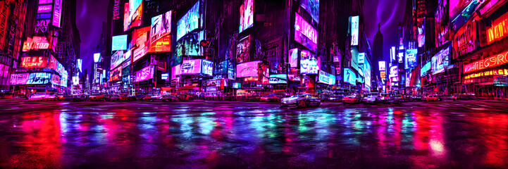 Futuristic metaverse city concept with glowing neon lights. Banner size