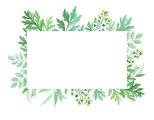 Green leaves frame template. Floral border with place for text. Sagebrush and wild herbs design. Vector illustration.	