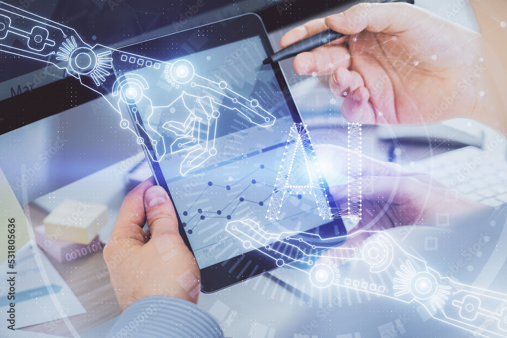 Aufkleber Multi exposure of man's hands holding and using a digital device and data theme drawing. Innovation concept.