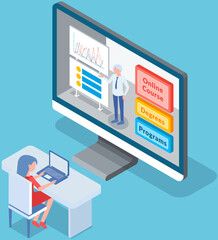 Self education, study and gain new knowledge. Student sitting at table working with laptop. Concept illustration of online courses, distance studying, self education, digital library, e-learning