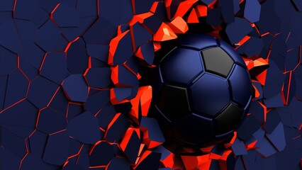 Blue-Black Soccer ball breaking with great force through blue-red wall under spot light background. 3D high quality rendering. 3D illustration. 3D CG.